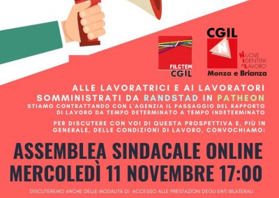 Filctem e NIdiL, assemblea sindacale online per i lavoratori somministrati Randstad di Patheon