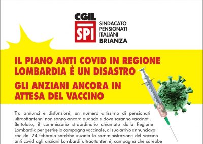Vaccinazione anti-Covid in Lombardia. Lo Spi Cgil di Monza e Brianza protesta: “Gestione disastrosa, necessario accelerare!”