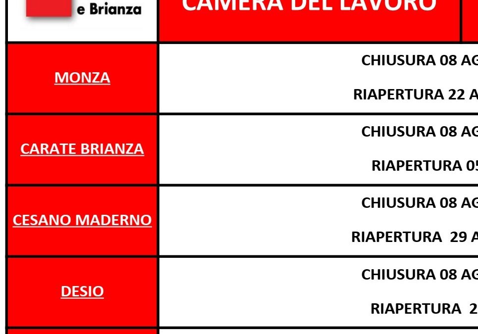 Estate 2022: ecco le chiusure delle Camere del Lavoro in Brianza