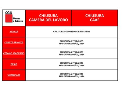 Camere del Lavoro in Brianza, il calendario delle chiusure